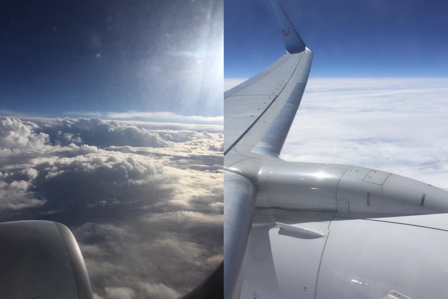 Two photos out of the airplane, the airplane wing is shown in one photo and the other shows the clouds with the sun reflecting on them