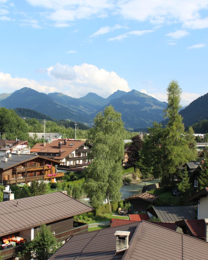 A photo of austrian houses with the mountains in the background