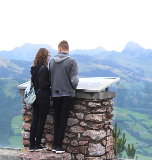 A photo of Elin and Meilyr looking out on the Austrian mountains
