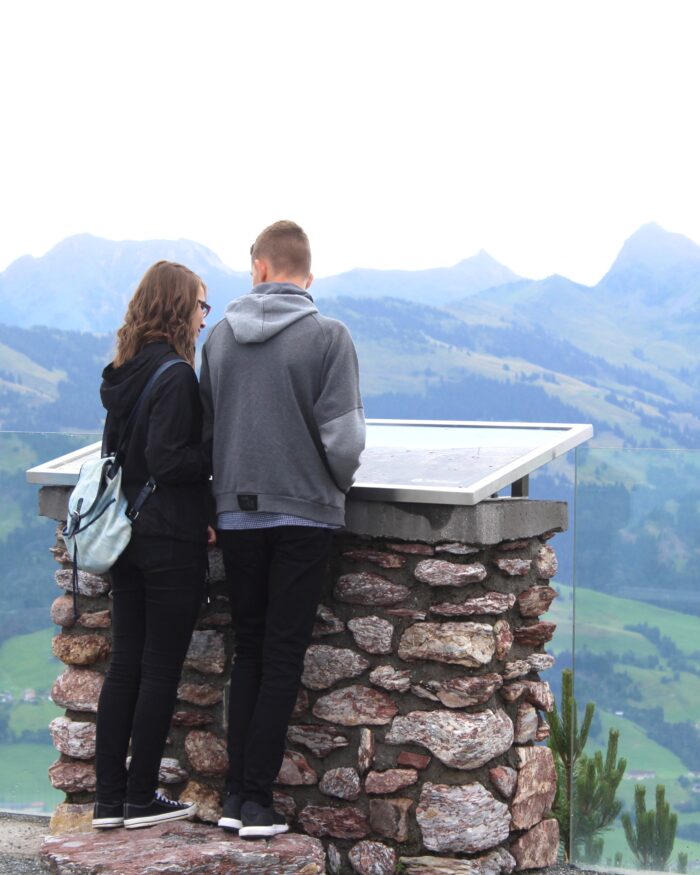 A photo of Elin and Meilyr looking out on the Austrian mountains