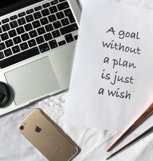 A photo of a macbook and iPhone with a printed quote next to them that says 'a goal without a plan is just a wish.'