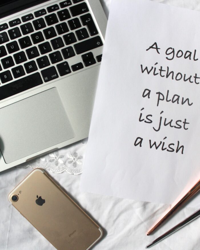 A photo of a macbook and iPhone with a printed quote next to them that says 'a goal without a plan is just a wish.'