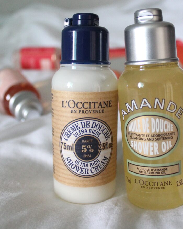 A photo of the L'occitane shea shower cream and the almond shower oil