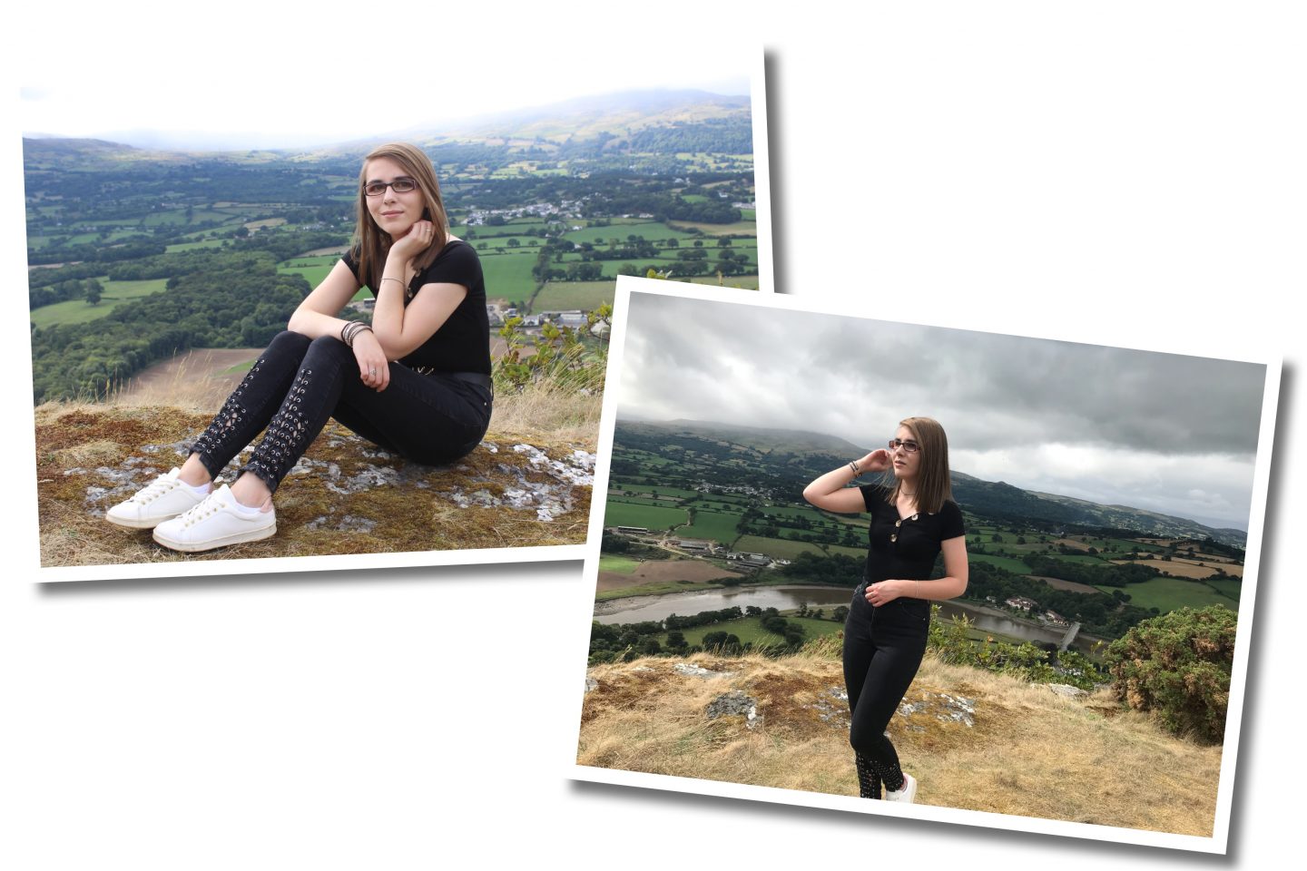 Two photos of Elin, one is of her sitting down and looking at the camera and in the other, she is looking away from the camera