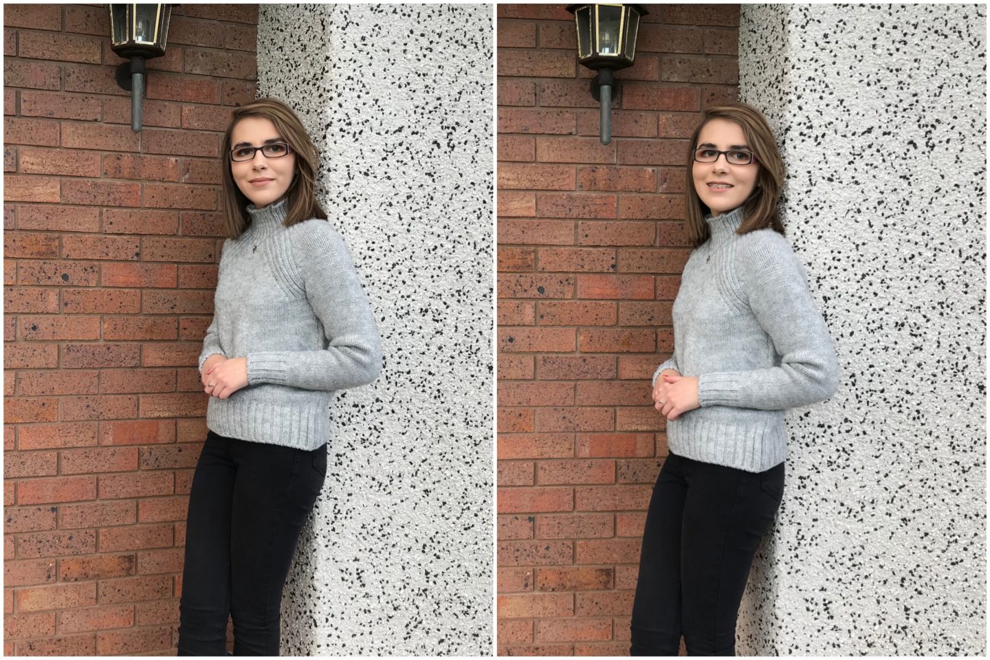 Two photos of Elin leaning against a white wall, wearing a high neck light grey jumper and black skinny jeans