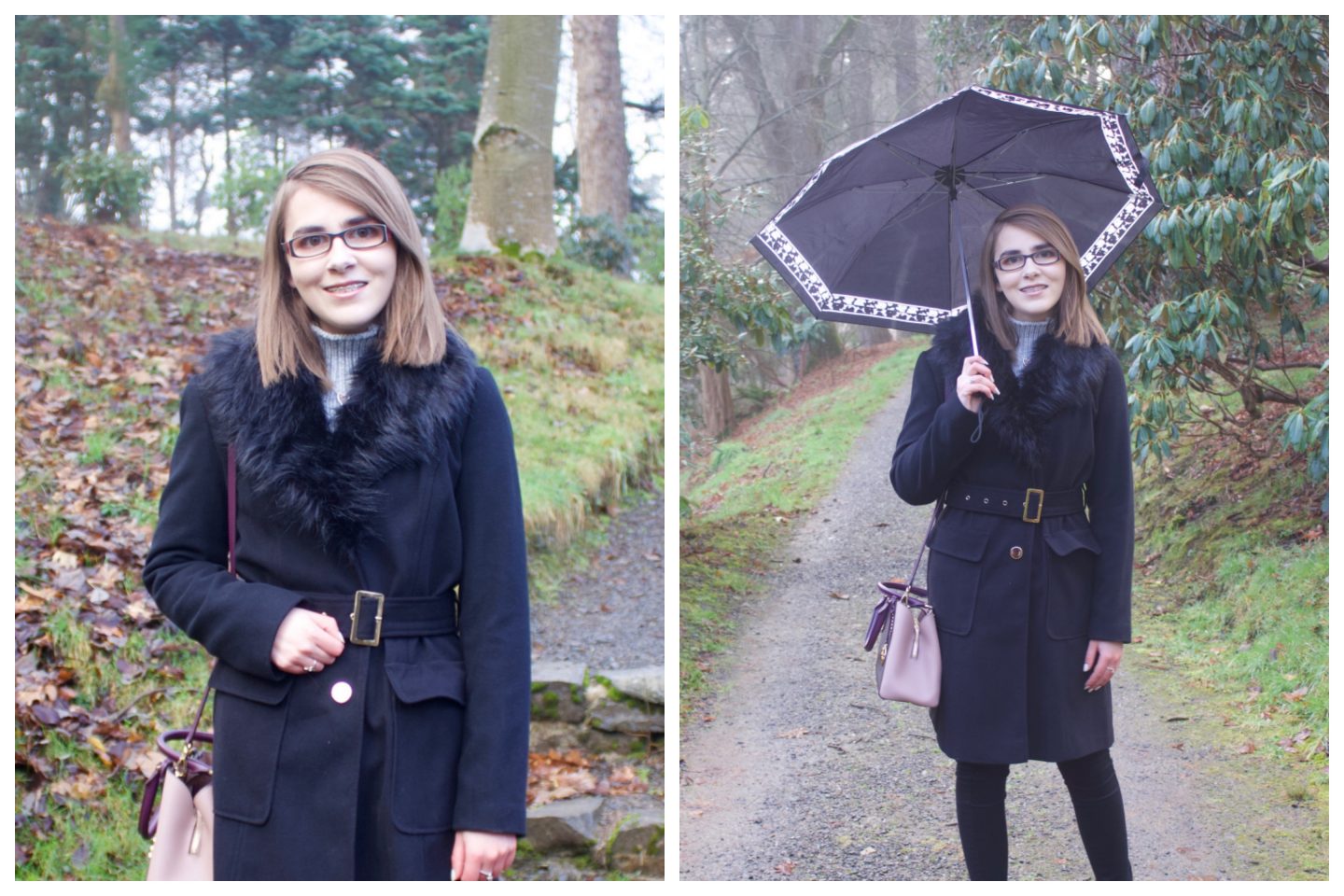Two photos of Elin wearing a black coat which has a faux fur collar
