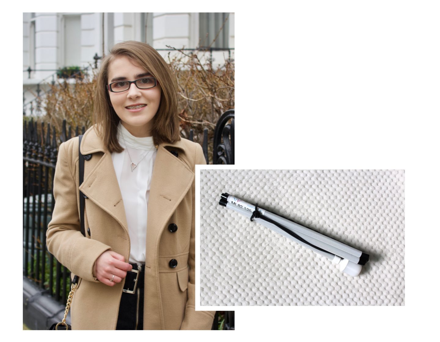 A white cane resting on a textured cream blanket. The photo overlays a portrait shot of Elin wearing a double breasted camel coat over a white high neck blouse. She's smiling at the camera.