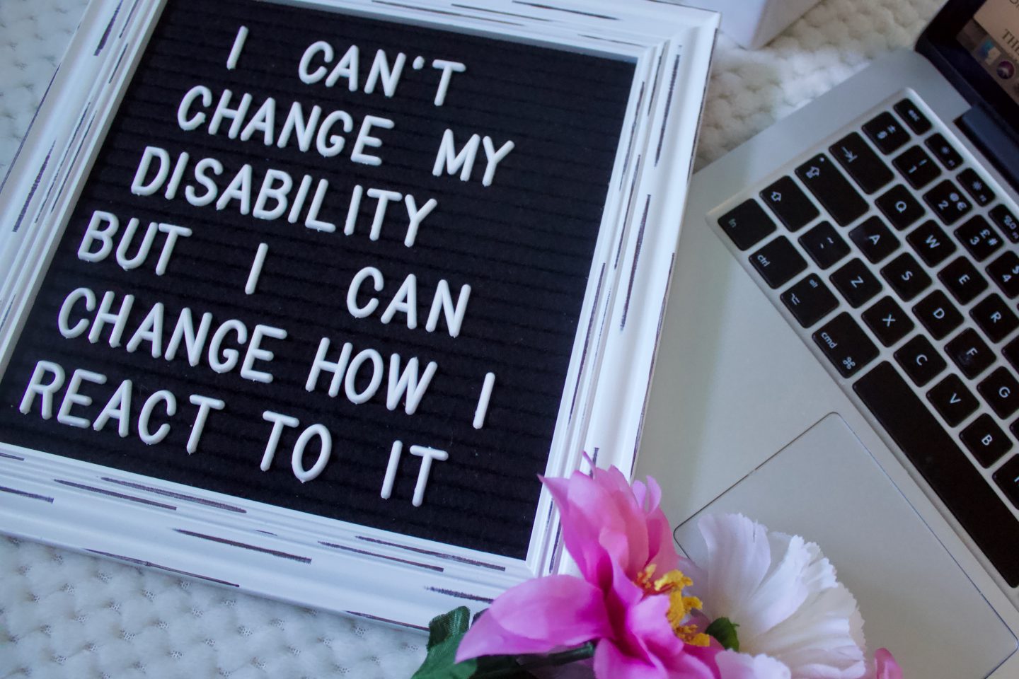 A felt letter board which has the writing 'I can't change my disability but I can change how I react to it'