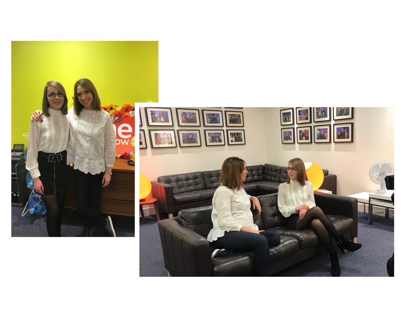 Two photos of Elin with Alex Jones, they're standing in front of a yellow wall with The One Show logo behind them in one photo and sitting on a sofa in the green room in the other photo, photos of The One Show guests are seen on the walls behind them