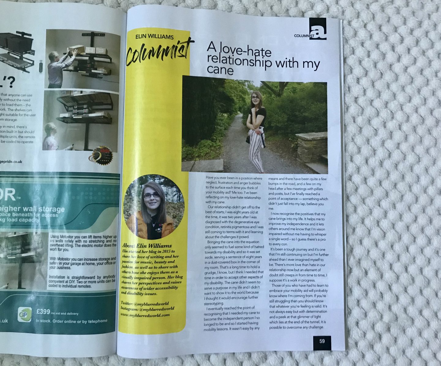 A photo of my article in the September 2019 issue of Able magazine. The piece is titled A love/hate relationship with my cane and there's a photo of me standing with my cane at the top of the page.