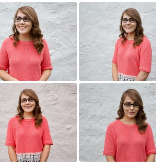 Four photos of Elin in a white framed collage. She is standing against a white wall in each photo and she wears a coral knitted top with sleeves that end at the elbow. She is smiling at the camera in two of the photos whilst looking away in the third and looking down in the fourth