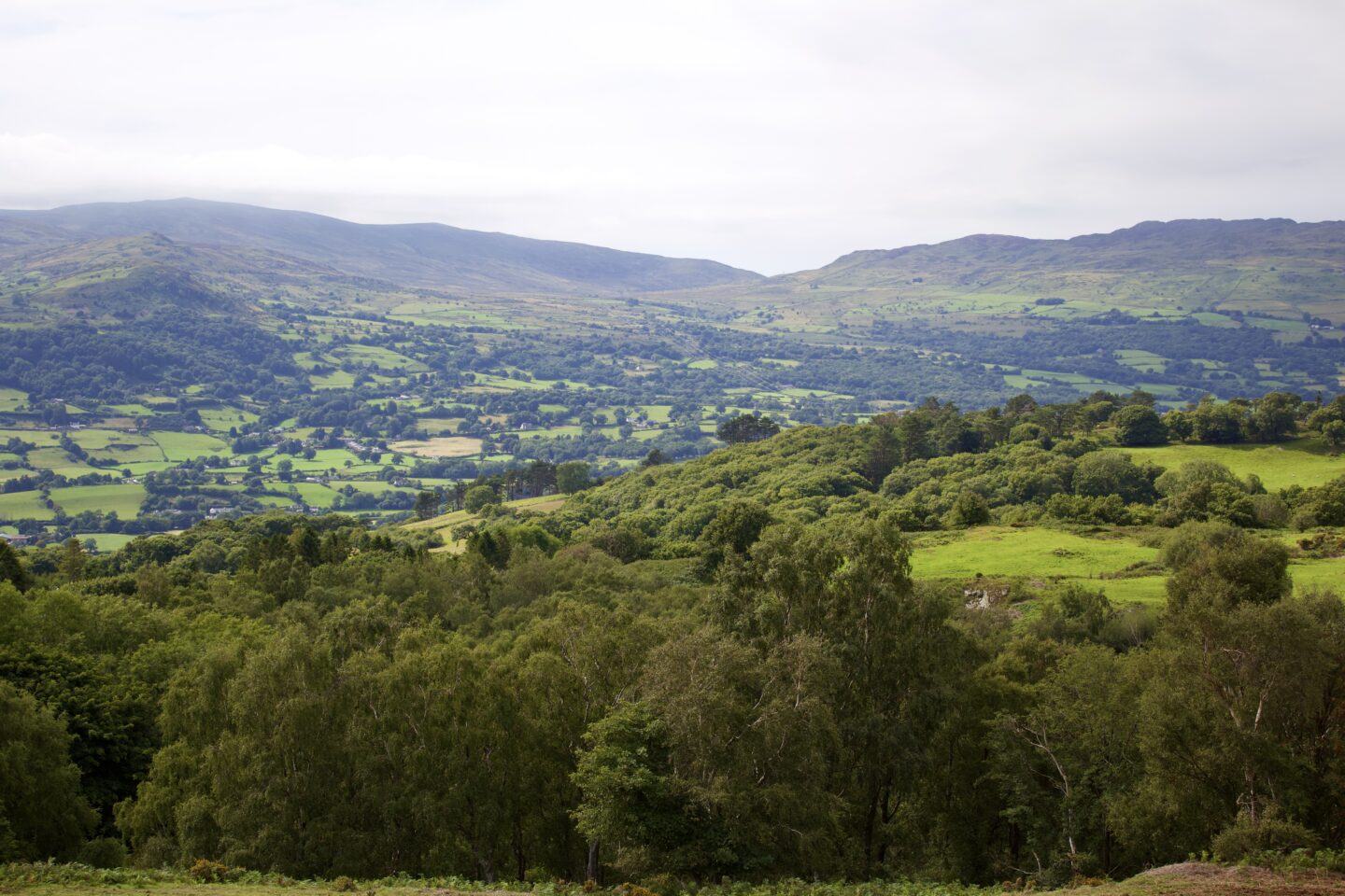 A view of fields and mountains with light mist covering the tops of the mountains