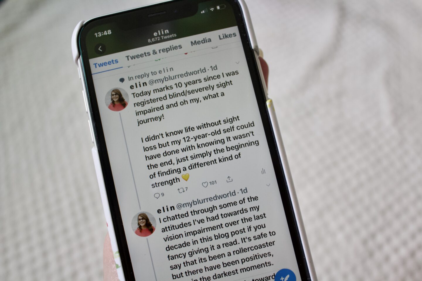 My phone screen which shows my Twitter feed with the writing of one of my latest tweets visible