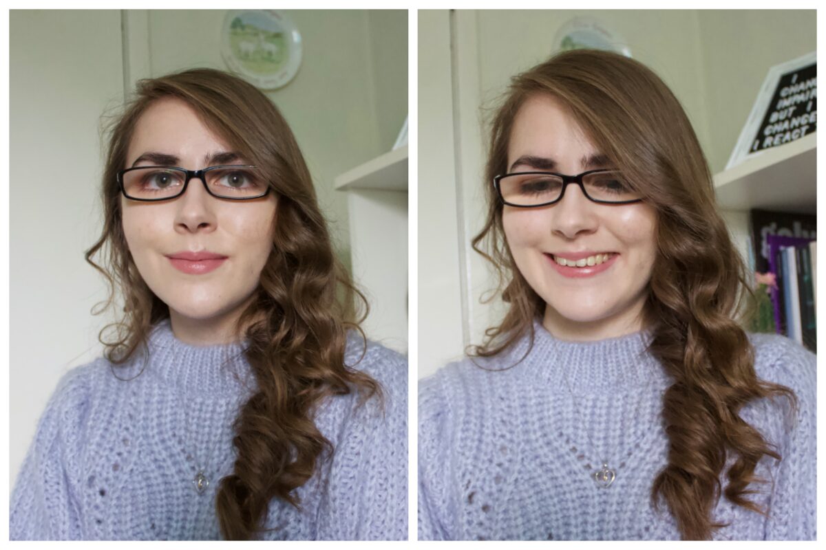 Two photos of Elin wearing a knitted lilac jumper. She's looking at the camera in one whilst looking down and smiling in the other