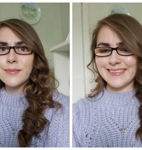 Two photos of Elin wearing a knitted lilac jumper. She's looking at the camera in one whilst looking down and smiling in the other