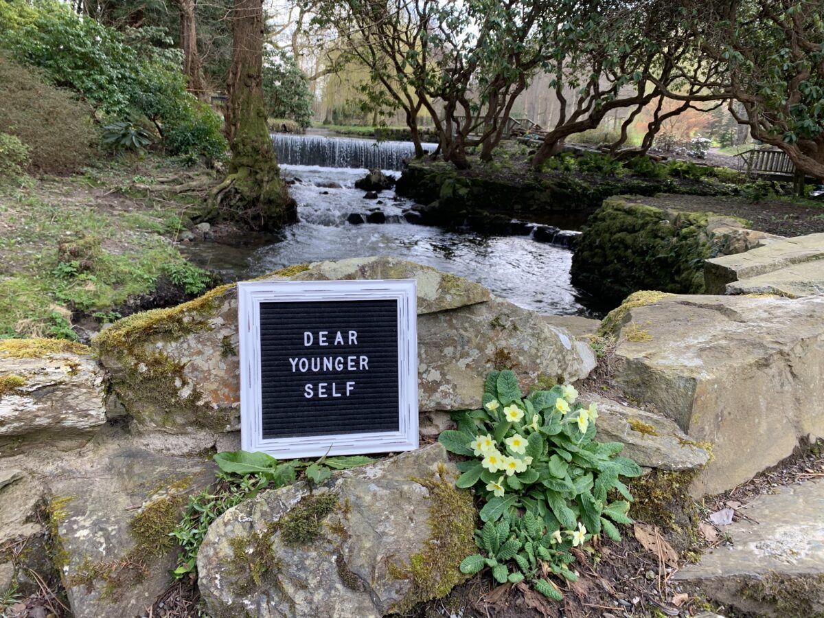 A black felt letter board with the words Dear Younger Self in white on it rests beside a primrose on some rocks in front of a river that is flanked by trees and plants