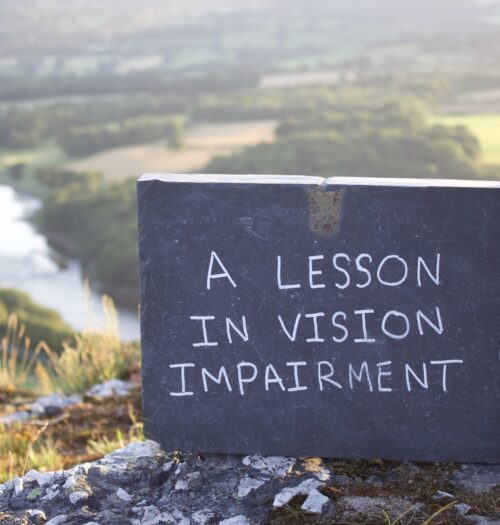 The words A lesson in vision impairment written in white on a slate which is propped up on a grassy cliff with a view of a river and fields in the background