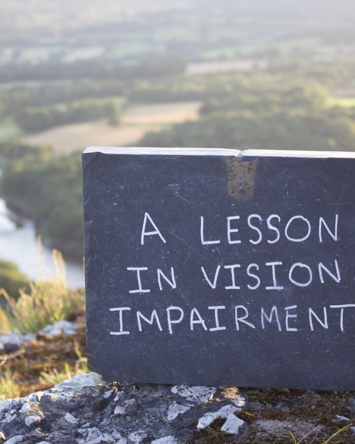 The words A lesson in vision impairment written in white on a slate which is propped up on a grassy cliff with a view of a river and fields in the background