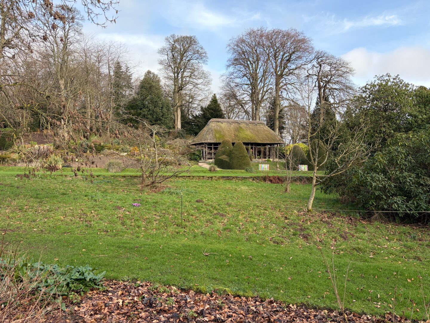 A far away shot of a small rustic building with a mossy thatched roof and dark windows. There are two large hedges in front of the building and trees surrounding it. The sky is light blue and is dotted with clouds.